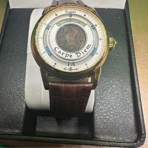 Stauer “Carpe Diem” Automatic Watch Roman Coin Dial Brown Leather Strap